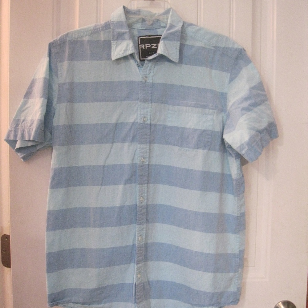 RPZN Men's Button Front Shirt Blue Stripe LG